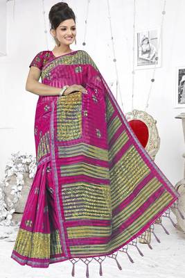 Rani pink printed cotton silk saree with blouse 1