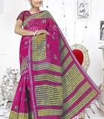 Rani pink printed cotton silk saree with blouse