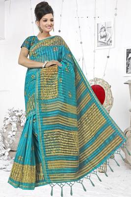 Teal printed cotton silk saree with blouse 1