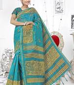 Teal printed cotton silk saree with blouse