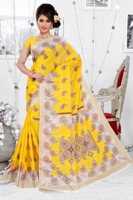 Yellow printed art silk saree with blouse 1
