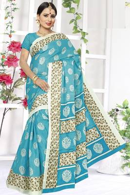 Sky blue printed art silk saree with blouse 1