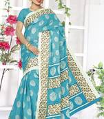 Sky blue printed art silk saree with blouse