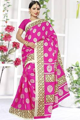 Pink printed art silk saree with blouse 1