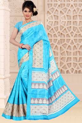 Sky blue printed art silk saree with blouse 1