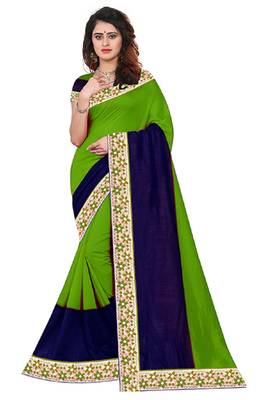 Parrot green plain cotton silk saree with blouse 1