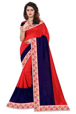 Red plain cotton silk saree with blouse 1