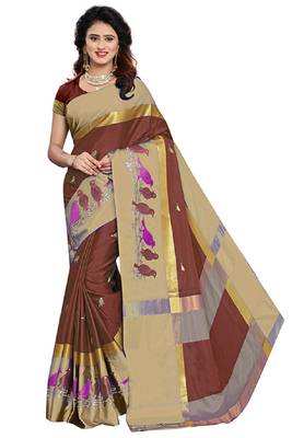 Brown embroidered cotton silk saree with blouse 1