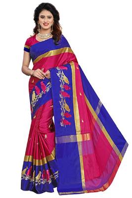 Dark pink embroidered cotton silk saree with blouse 1