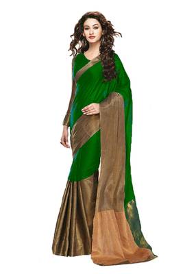 Green plain cotton silk saree with blouse 1