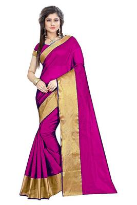 Dark pink plain cotton silk saree with blouse 1