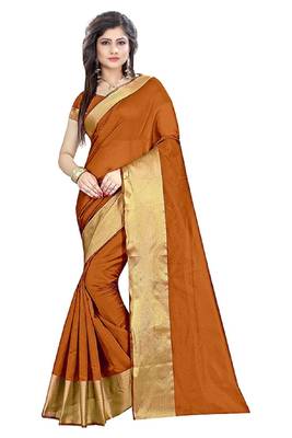 Brown plain cotton silk saree with blouse 1