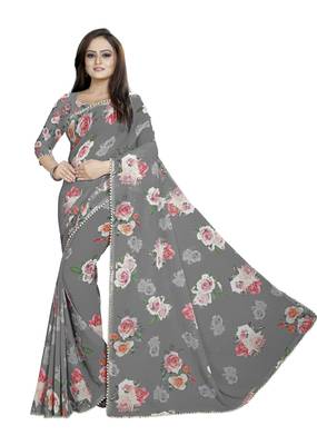 Dark Gray Color Digital Printed Georgette Saree With Blouse 1