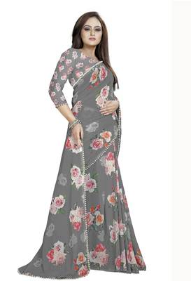 Dark Gray Color Digital Printed Georgette Saree With Blouse 2