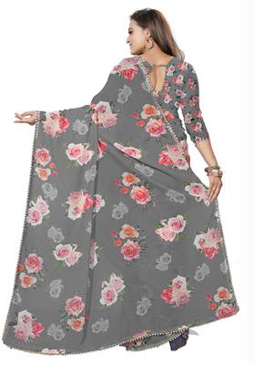 Dark Gray Color Digital Printed Georgette Saree With Blouse 3