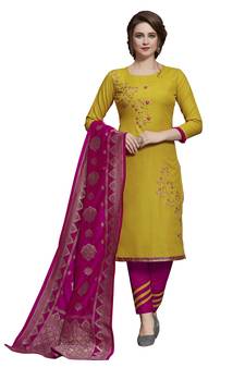 Kimisha Yellow & Pink Slub Cotton Embroidered Dress Material With Banarasi Dupatta