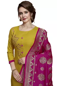 Kimisha Yellow & Pink Slub Cotton Embroidered Dress Material With Banarasi Dupatta