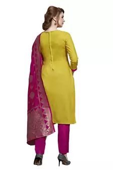 Kimisha Yellow & Pink Slub Cotton Embroidered Dress Material With Banarasi Dupatta