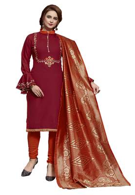 Kimisha Maroon & Orange Slub Cotton Embroidered Dress Material With Banarasi Dupatta 1