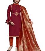 Kimisha Maroon & Orange Slub Cotton Embroidered Dress Material With Banarasi Dupatta