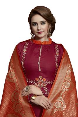 Kimisha Maroon & Orange Slub Cotton Embroidered Dress Material With Banarasi Dupatta 2