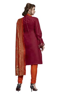 Kimisha Maroon & Orange Slub Cotton Embroidered Dress Material With Banarasi Dupatta 3
