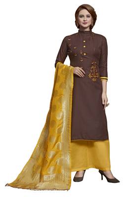 Kimisha Brown & Yellow Slub Cotton Embroidered Dress Material With Banarasi Dupatta 1