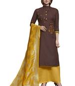 Kimisha Brown & Yellow Slub Cotton Embroidered Dress Material With Banarasi Dupatta