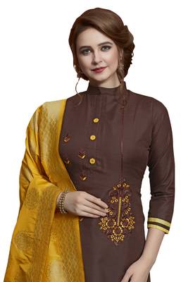Kimisha Brown & Yellow Slub Cotton Embroidered Dress Material With Banarasi Dupatta 2