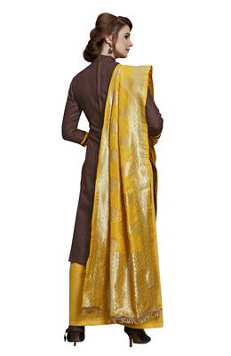 Kimisha Brown & Yellow Slub Cotton Embroidered Dress Material With Banarasi Dupatta 3