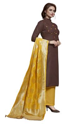 Kimisha Brown & Yellow Slub Cotton Embroidered Dress Material With Banarasi Dupatta 4