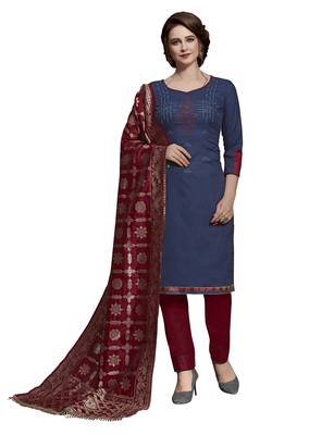 Kimisha Navy Blue & Maroon Slub Cotton Embroidered & Stone Work Dress Material With Banarasi Dupatta 1