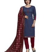 Kimisha Navy Blue & Maroon Slub Cotton Embroidered & Stone Work Dress Material With Banarasi Dupatta