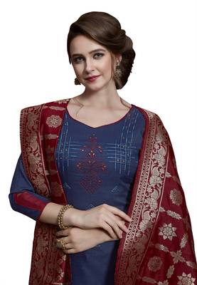 Kimisha Navy Blue & Maroon Slub Cotton Embroidered & Stone Work Dress Material With Banarasi Dupatta 2