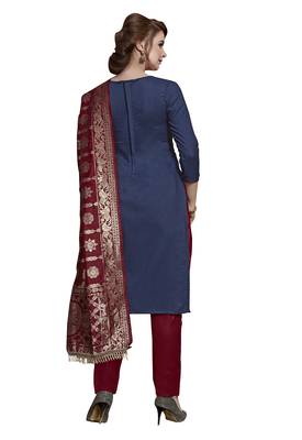 Kimisha Navy Blue & Maroon Slub Cotton Embroidered & Stone Work Dress Material With Banarasi Dupatta 3