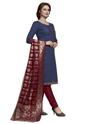 Kimisha Navy Blue & Maroon Slub Cotton Embroidered & Stone Work Dress Material With Banarasi Dupatta 4