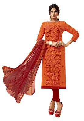 Kimisha Orange & Red Modal Silk Embroidered Dress Material With Laheria Dupatta 1