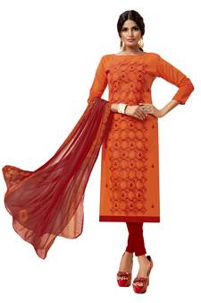 Kimisha Orange & Red Modal Silk Embroidered Dress Material With Laheria Dupatta