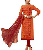 Kimisha Orange & Red Modal Silk Embroidered Dress Material With Laheria Dupatta