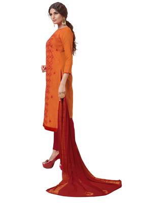 Kimisha Orange & Red Modal Silk Embroidered Dress Material With Laheria Dupatta 3