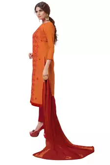 Kimisha Orange & Red Modal Silk Embroidered Dress Material With Laheria Dupatta