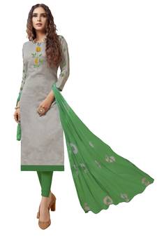 Kimisha Women's Grey & Green Modal Silk Embroidered Dress Material With Laheria Dupatta
