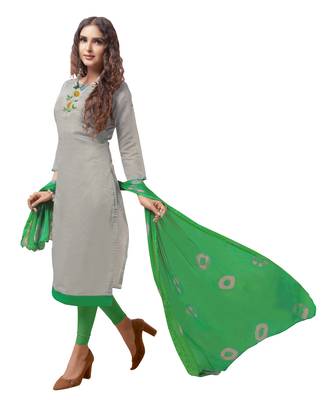 Kimisha Women's Grey & Green Modal Silk Embroidered Dress Material With Laheria Dupatta 3