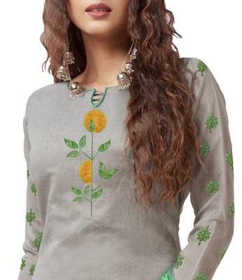Kimisha Women's Grey & Green Modal Silk Embroidered Dress Material With Laheria Dupatta 4