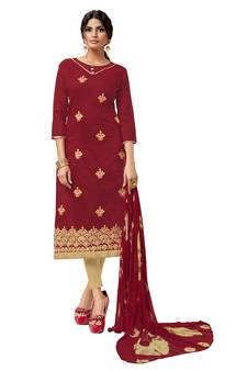 Kimisha Women's Maroon & Beige Modal Silk Embroidered Dress Material With Laheria Dupatta