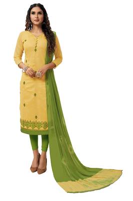 Kimisha Women's Yellow & Green Modal Silk Embroidered Dress Material With Laheria Dupatta 1