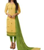 Kimisha Women's Yellow & Green Modal Silk Embroidered Dress Material With Laheria Dupatta