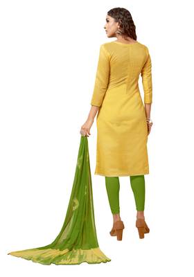 Kimisha Women's Yellow & Green Modal Silk Embroidered Dress Material With Laheria Dupatta 2