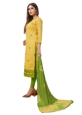 Kimisha Women's Yellow & Green Modal Silk Embroidered Dress Material With Laheria Dupatta 3