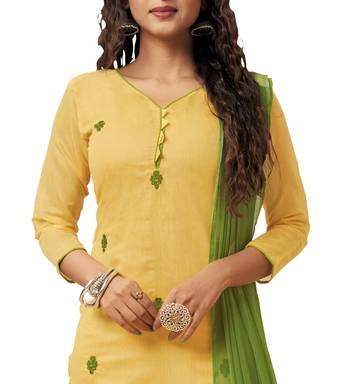 Kimisha Women's Yellow & Green Modal Silk Embroidered Dress Material With Laheria Dupatta 4
